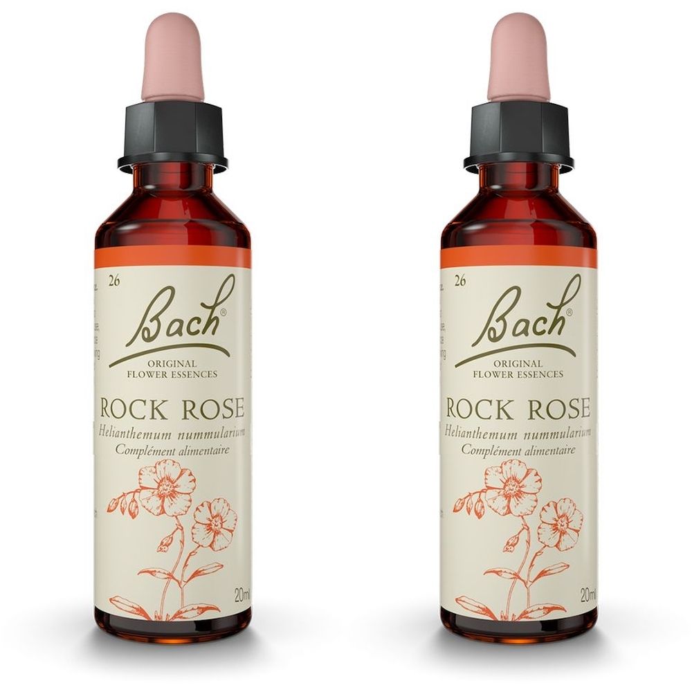 Deux flacons en verre brun avec pipette rose. L'étiquette indique "Bach Rock Rose".