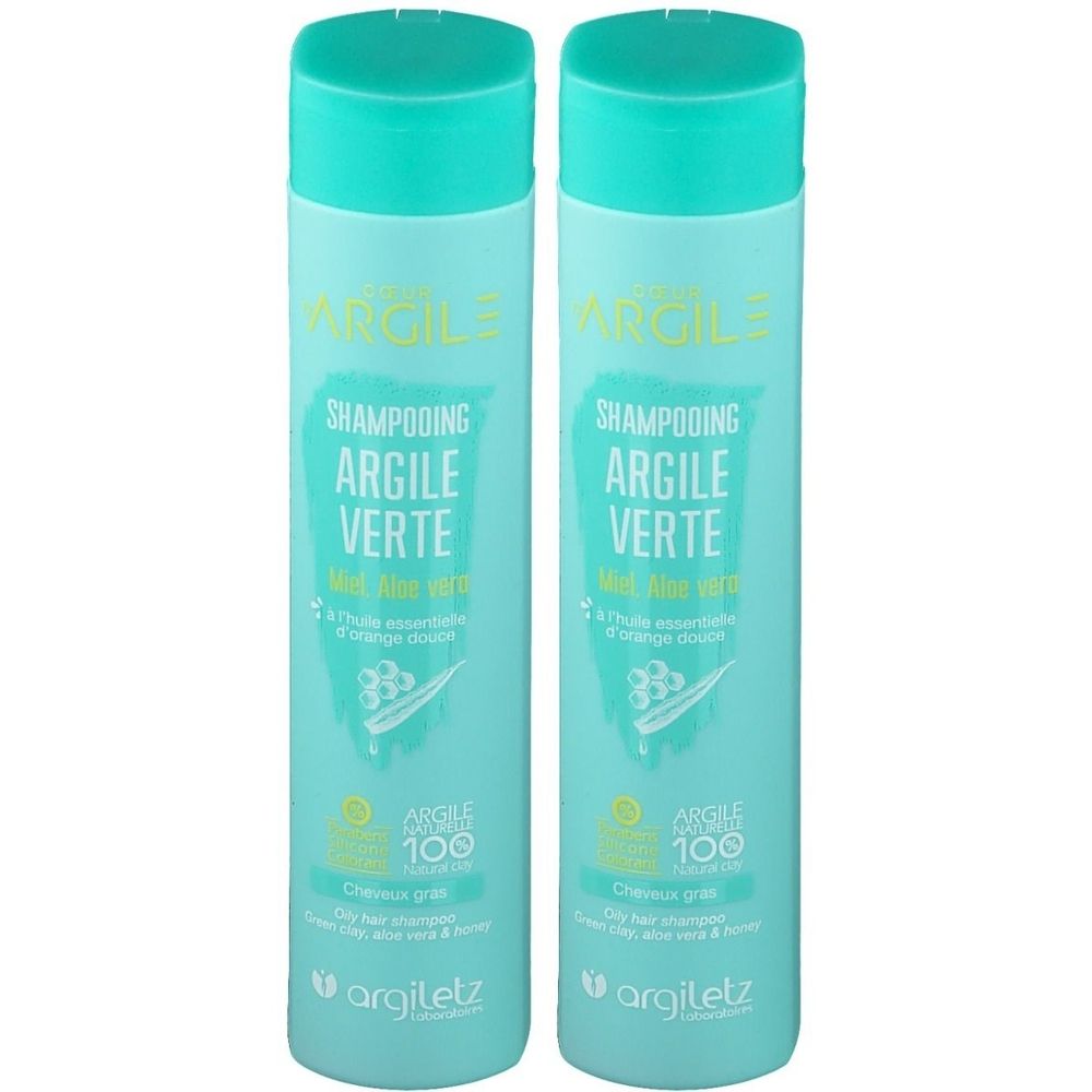 Deux flacons de shampoing verts. Inscription : Argile Verte, Shampoing, Argiletz. Avec aloe vera et huile essentielle d'orange douce.