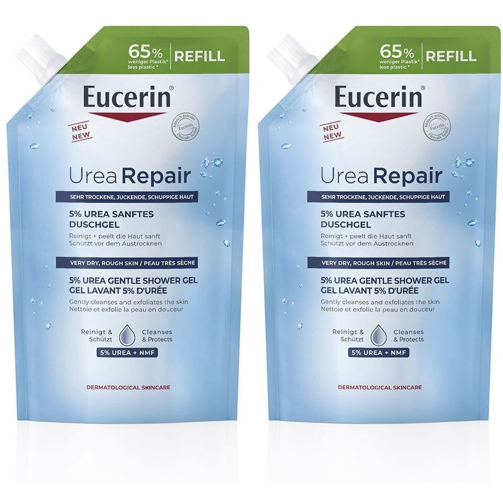 Deux recharges de gel douche Eucerin Urea Repair. Sachets bleus avec couvercle vert, texte et informations sur le produit.