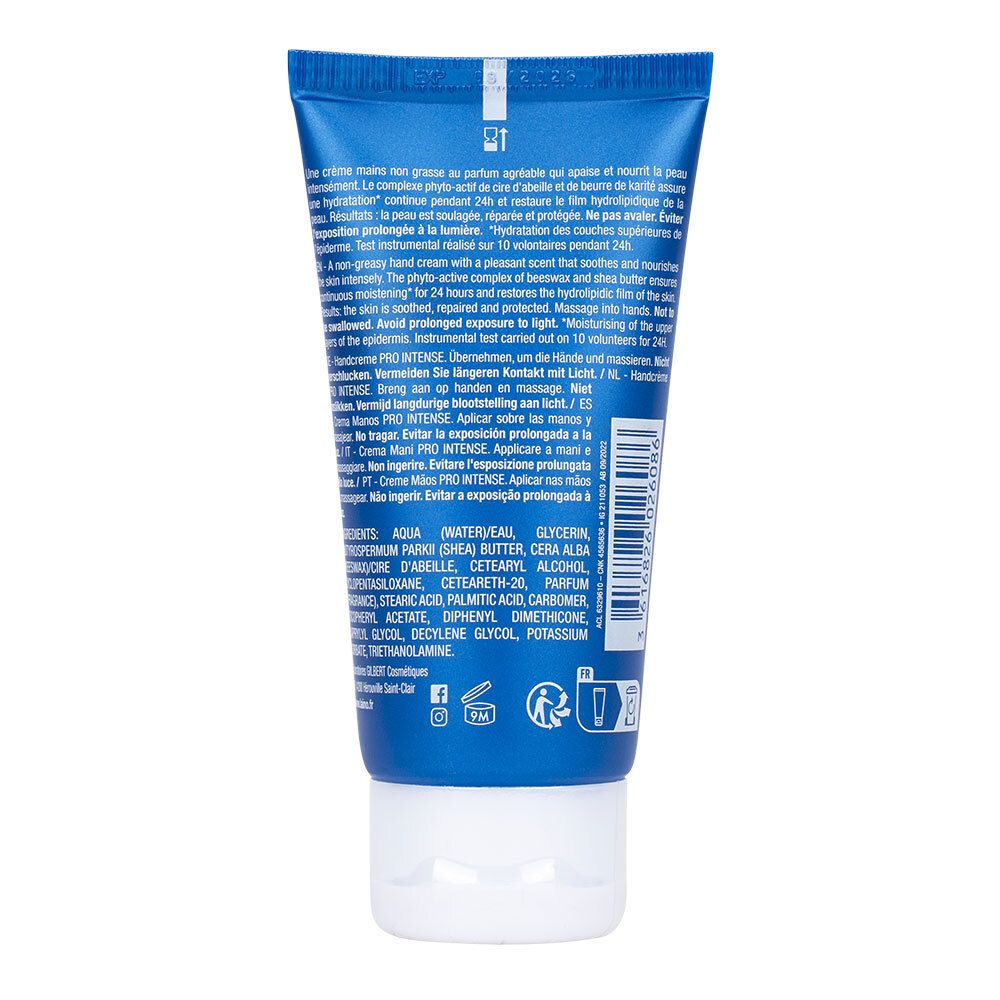 Arrière d'un tube de Crème Mains LAINO Pro Intense avec ingrédients et instructions.