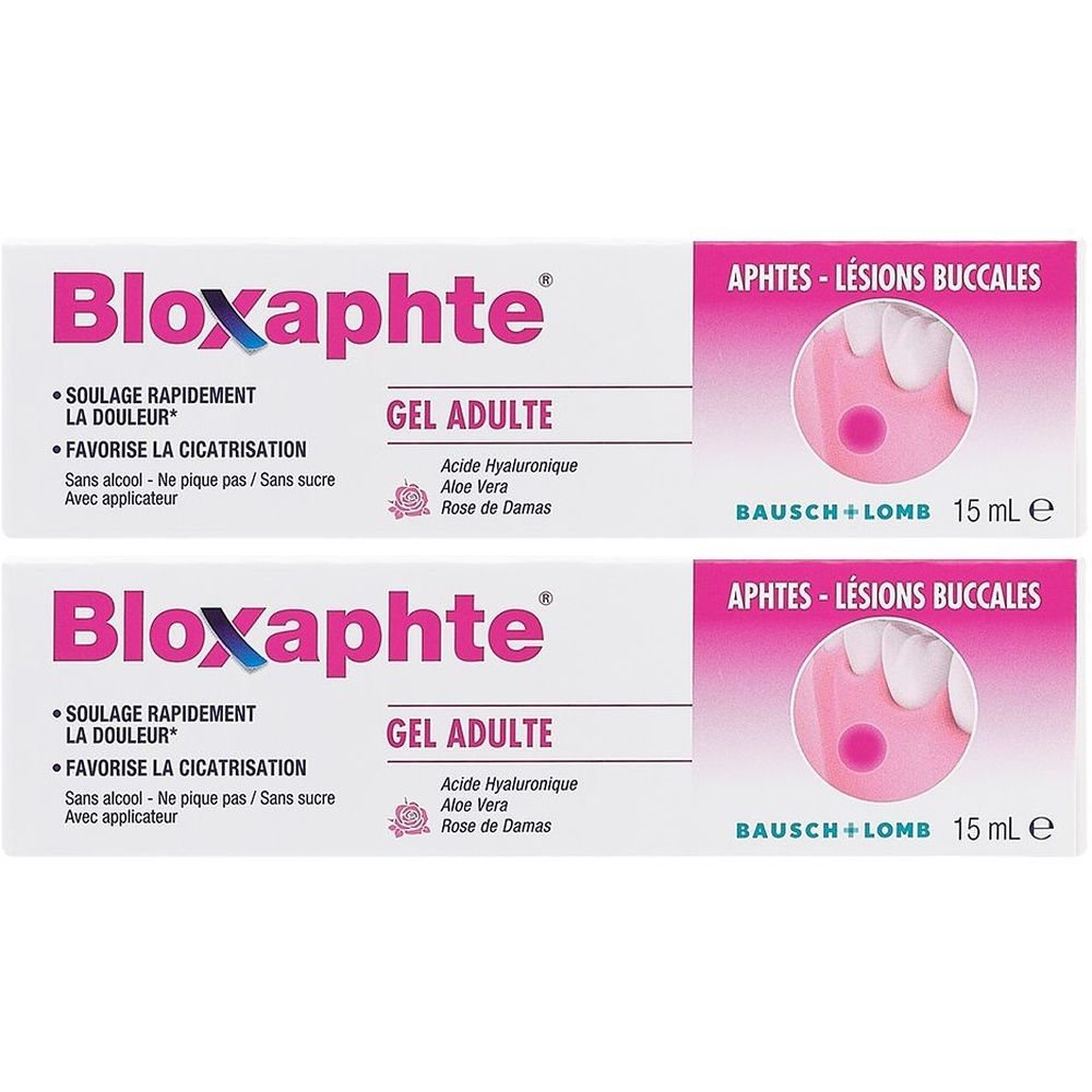 Deux boîtes de BLOXAPHTE GEL ADULTE. Inscription : SOULAGE RAPIDEMENT LA DOULEUR, GEL ADULTE, BAUSCH+LOMB, 15 ml.