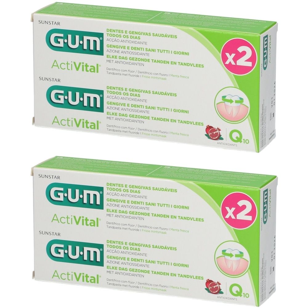 Deux boîtes de GUM Activital Gel Dent. Emballage blanc avec accent vert, cercle rouge avec « x2 ». Texte multilingue.
