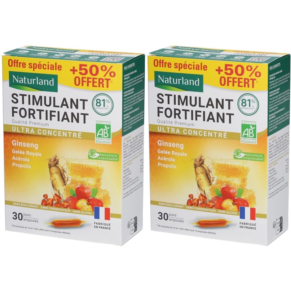 Deux boîtes de Naturland Stimulant Fortifiant. Inscription: Ultra Concentré, Ginseng, Gelée Royale, Acérola, Propolis. Label AB. 30 ampoules.