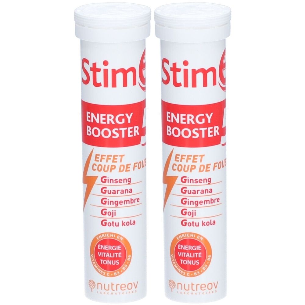 Deux tubes blancs avec texte rouge. Inscription: Stim Energy Booster, ingrédients et logo Nutreov.