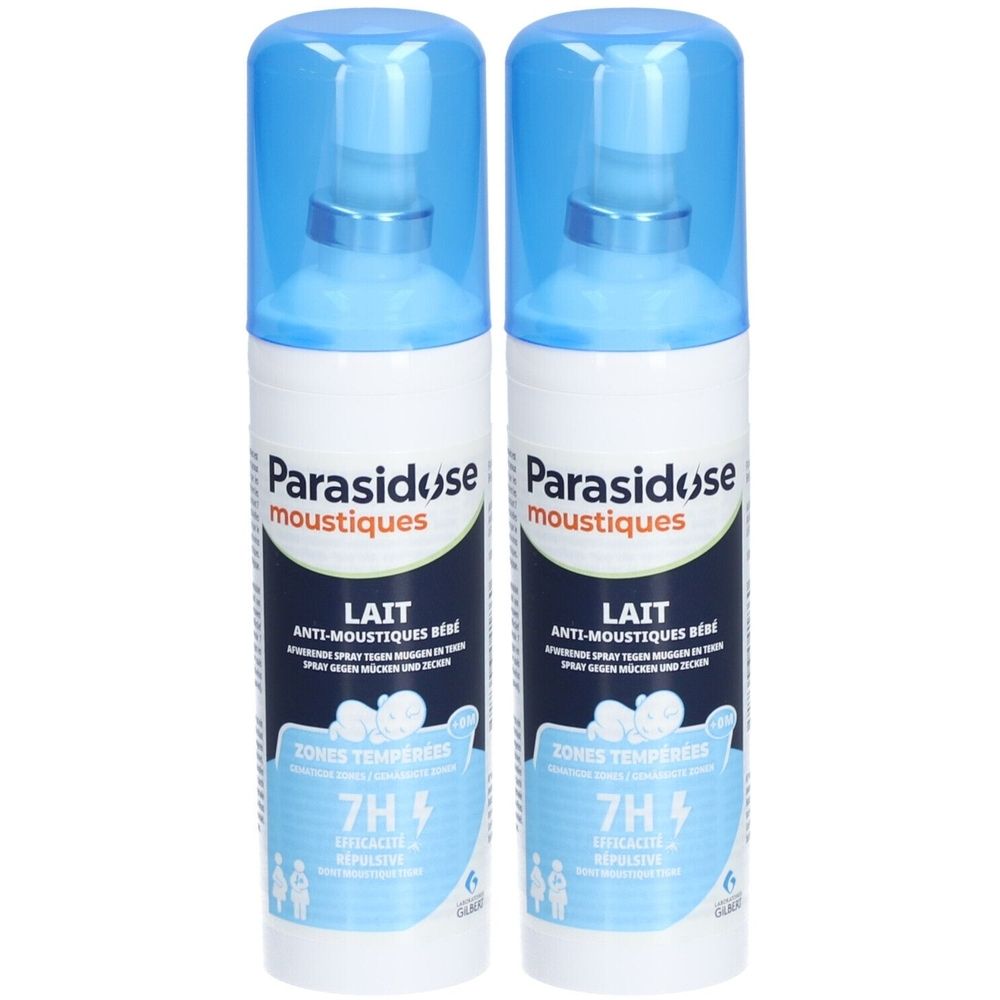 Deux flacons de spray blancs avec bouchons bleus. Inscription: Parasidose moustiques, Lait Anti-Moustiques Bébé. Protection 7H.
