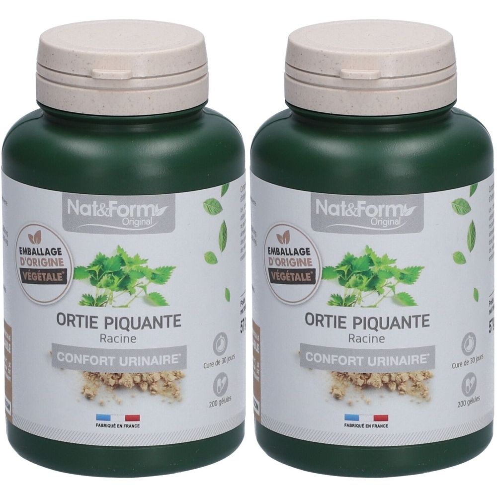 Deux flacons verts avec couvercles blancs. Étiquettes : "Nat&Form Original", "Ortie Piquante Racine", "Confort Urinaire". Emballage d'origine végétale.