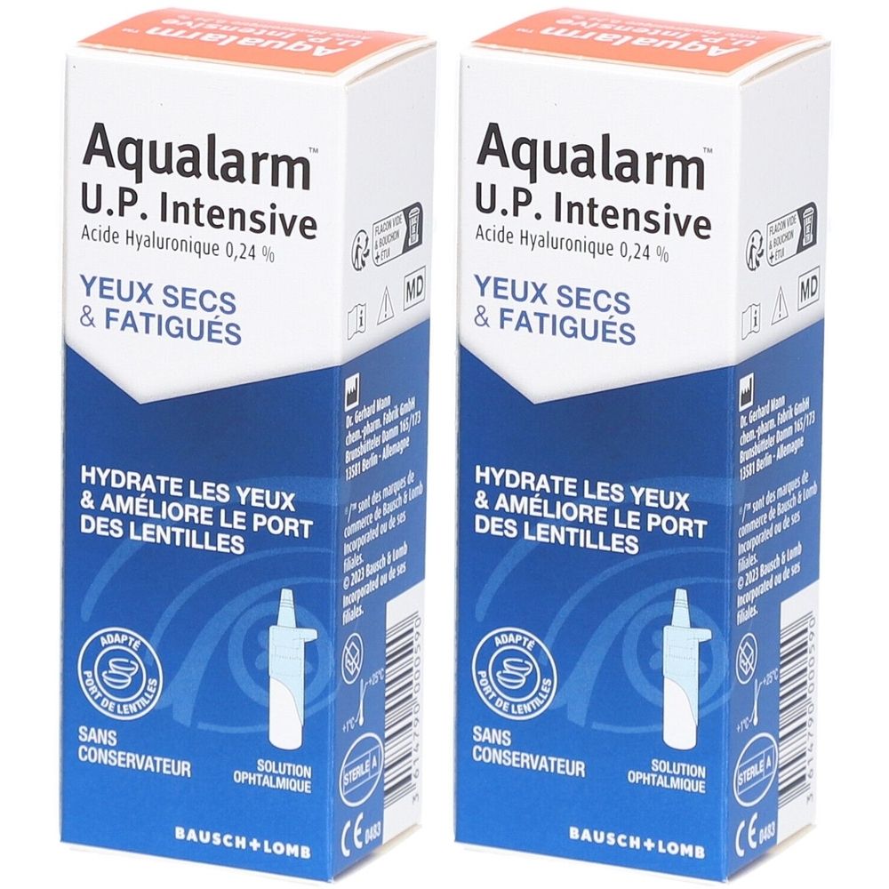 Deux boîtes blanches avec texte bleu et rouge. Inscription: Aqualarm U.P. Intensive, pour yeux secs. Marque: Bausch + Lomb. Solution ophtalmique.