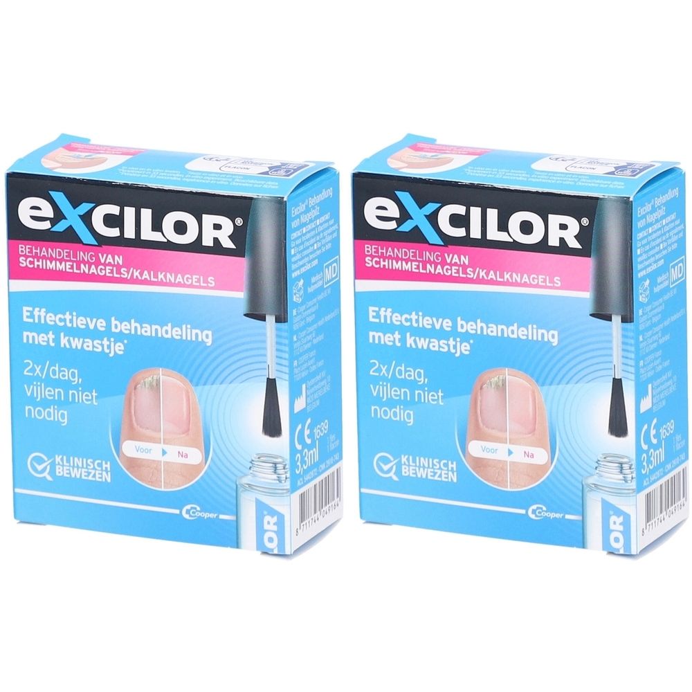 Deux boîtes du produit Excilor. L'emballage indique "Traitement des mycoses des ongles". Un applicateur est visible.
