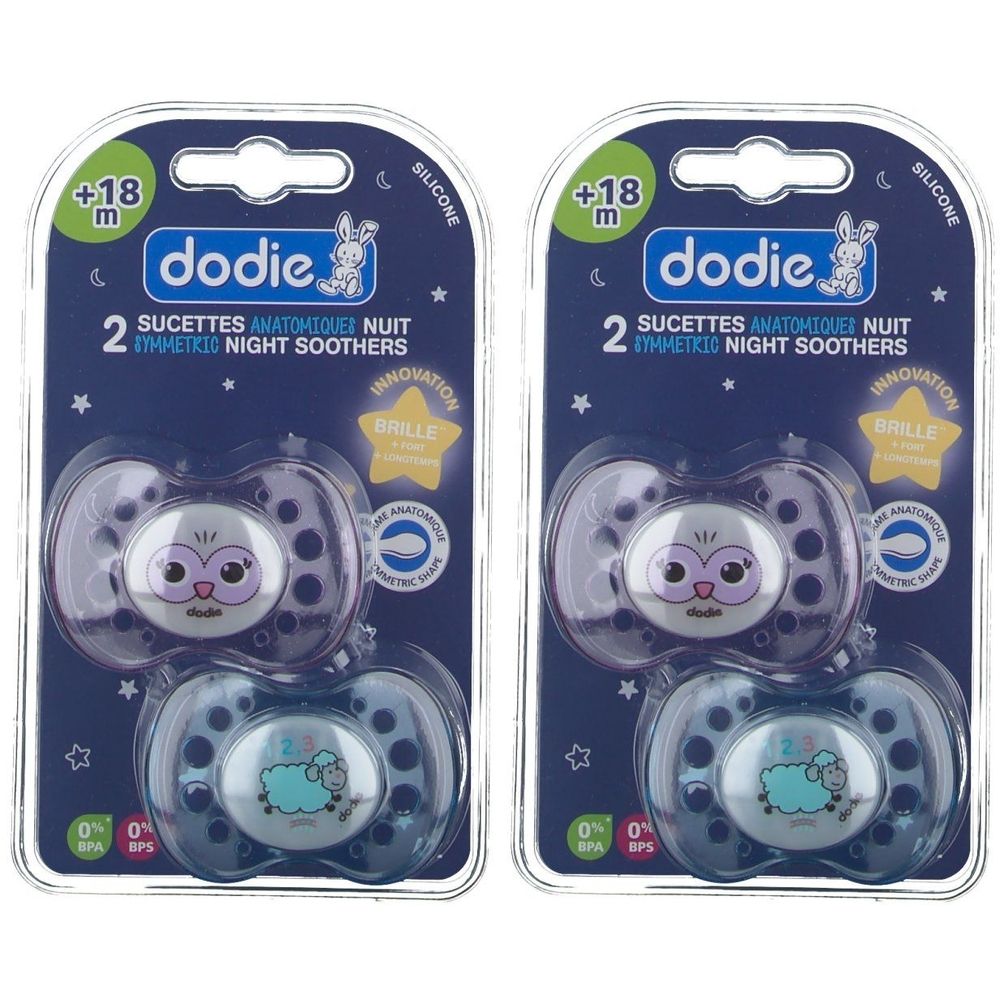 Deux sucettes Dodie en emballage. Sucettes anatomiques de nuit, silicone, décorées. Pour bébés de +18 mois.