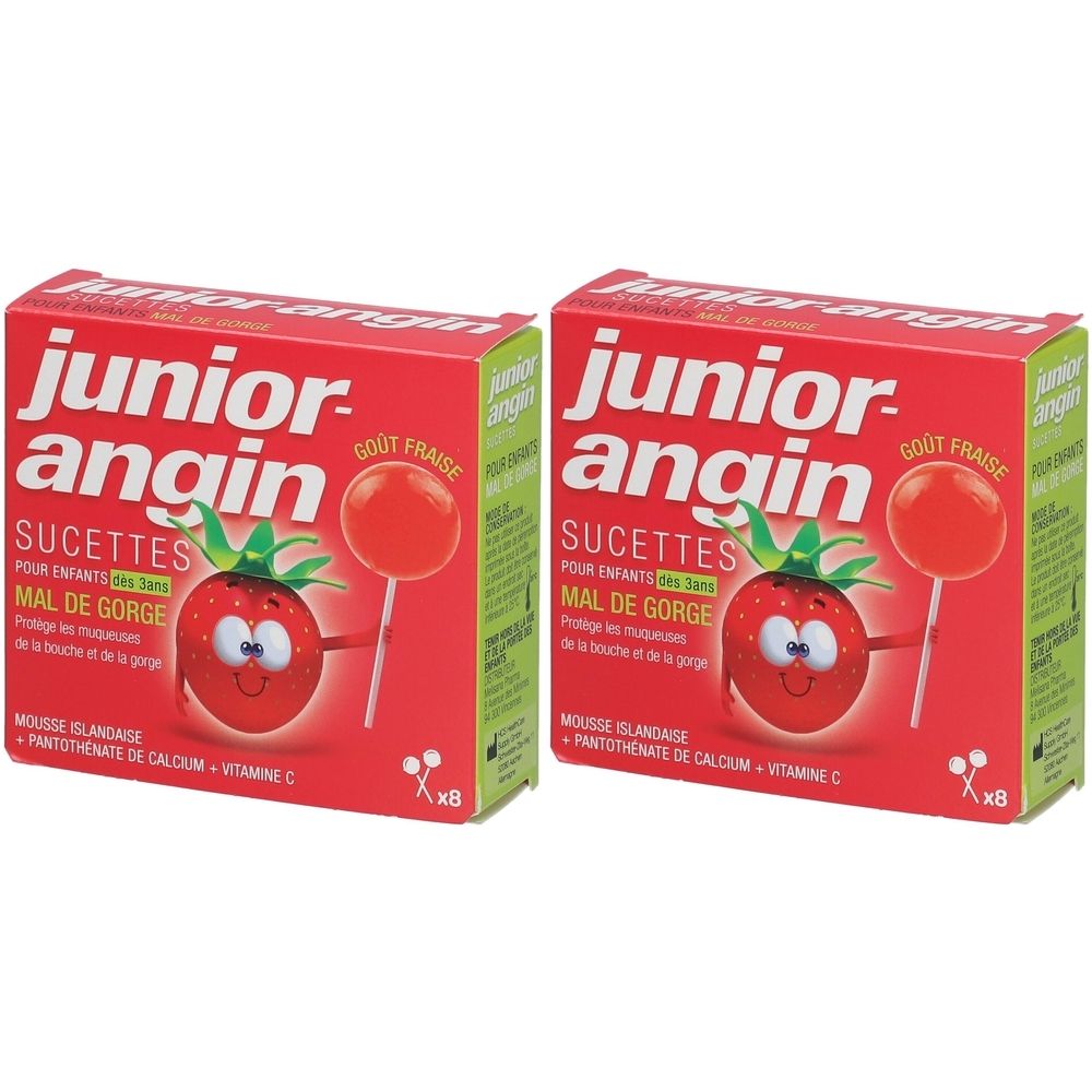Deux boîtes de sucettes Junior Angin. Emballage rouge avec nom du produit et illustration de fraise. Chaque boîte contient 8 sucettes.