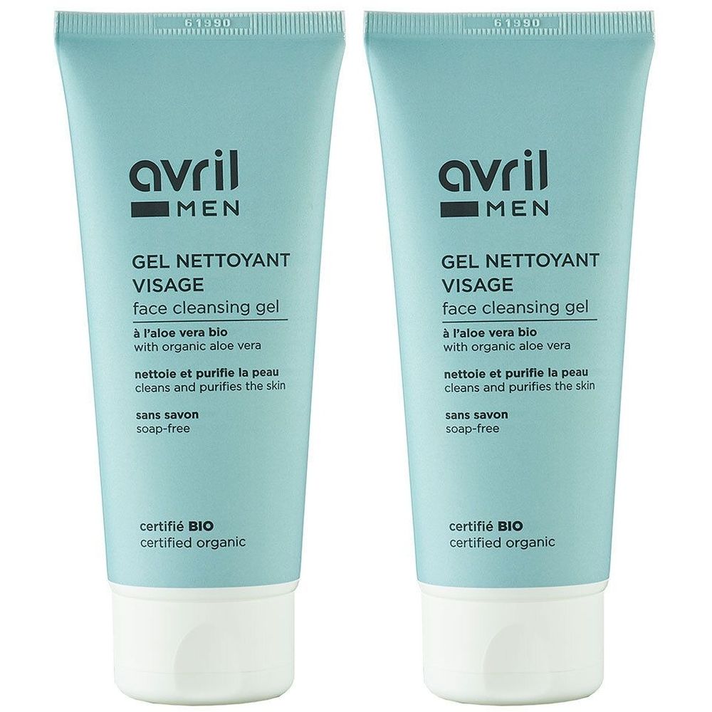 Deux tubes de gel nettoyant visage. Tubes bleu clair avec bouchon blanc. Inscription : avril MEN, Gel nettoyant visage, certifié BIO.