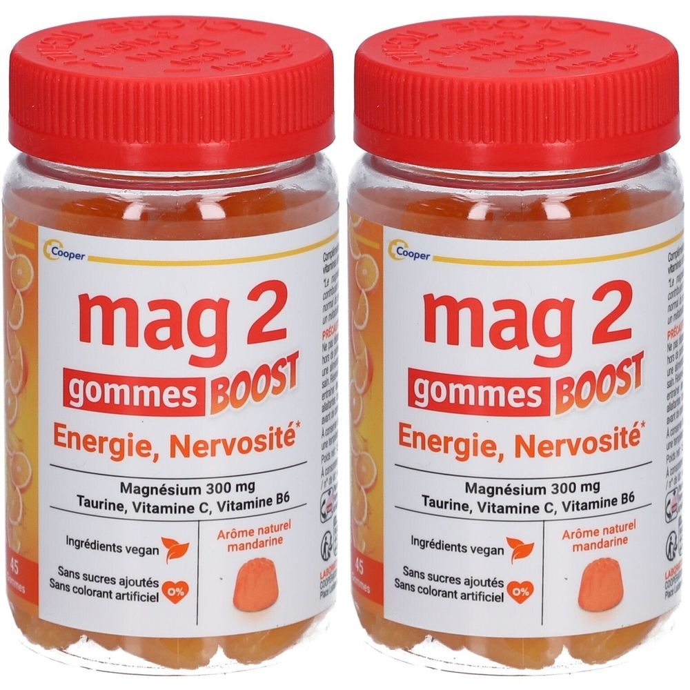Deux flacons avec bouchon rouge. Inscription: mag 2 gommes BOOST, Energie, Nervosité. Contient magnésium, taurine, vitamine C, B6. Vegan, sans sucres et colorants.