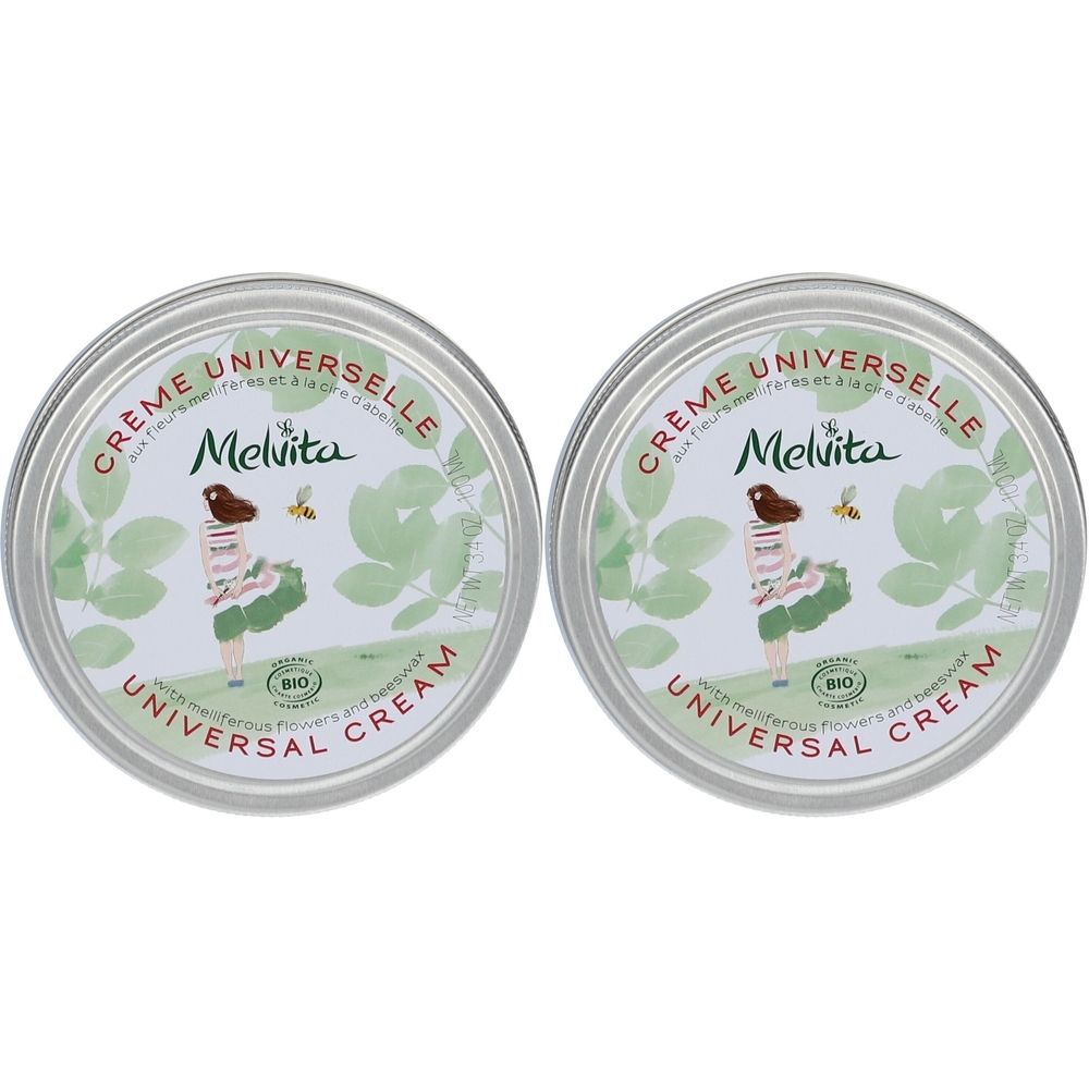 Deux pots ronds en métal. Inscription : Crème Universelle, Melvita, Universal Cream. Certification bio.