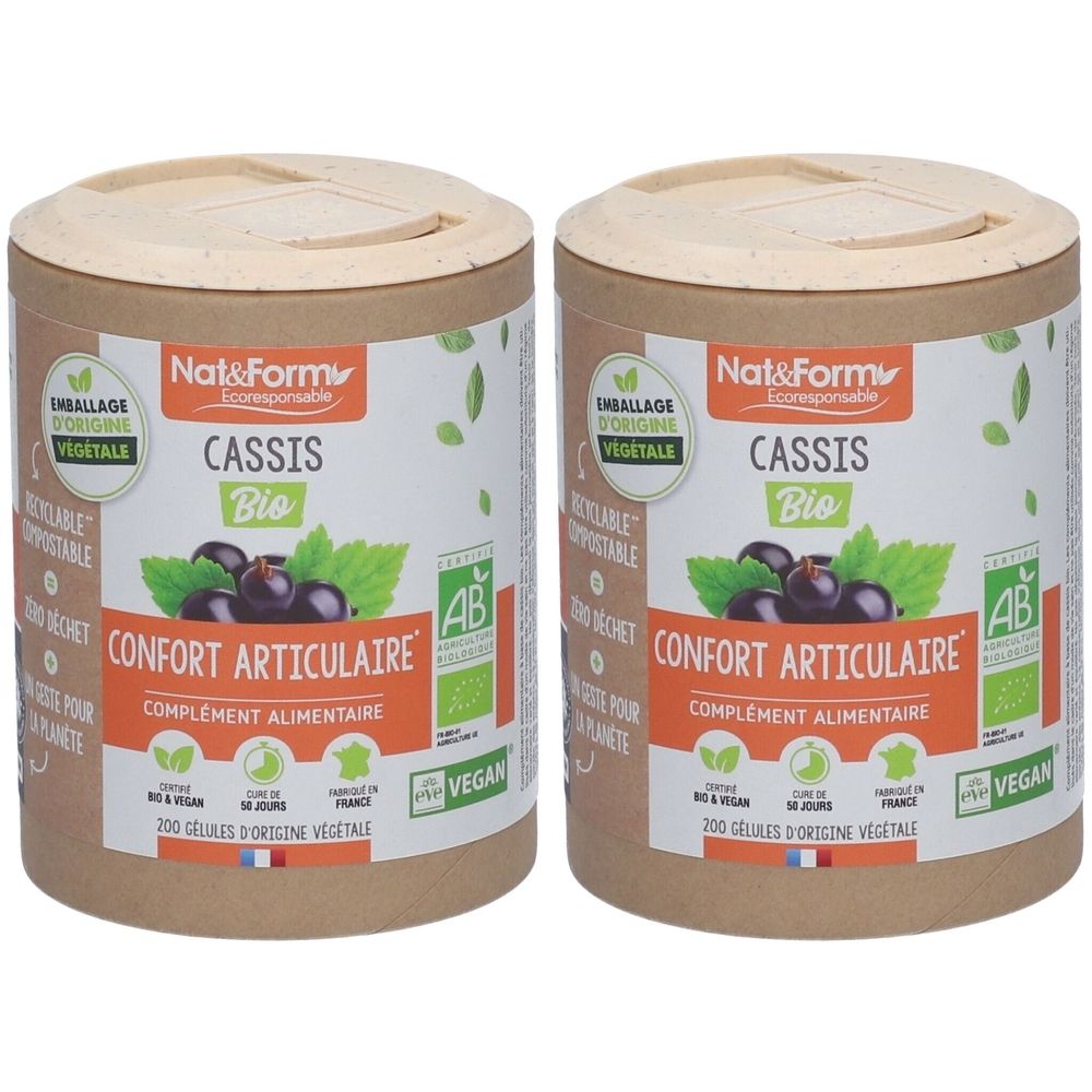 Deux boîtes cylindriques avec couvercles. Inscription: Nat&Form, Cassis Bio, Confort Articulaire, Vegan. Certification bio française.