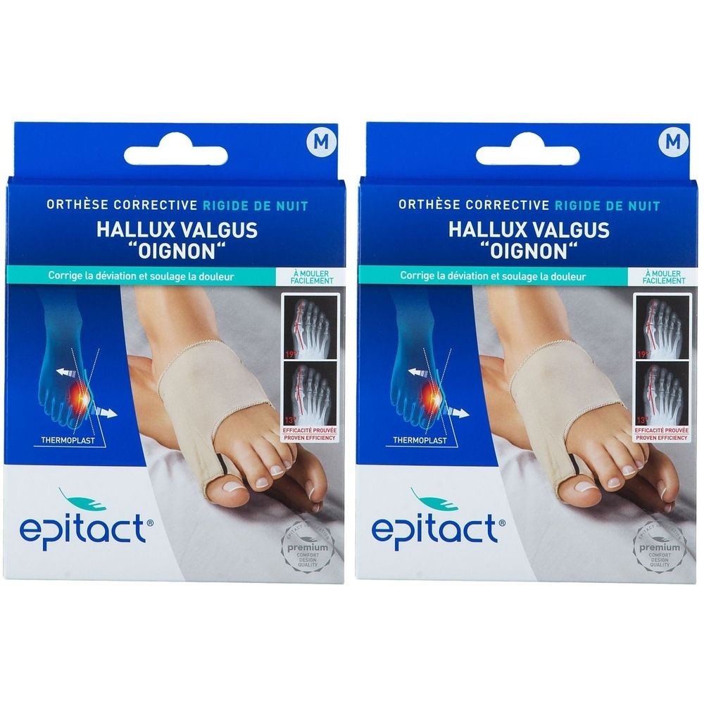 Deux boîtes. Orthèse pour le pied. Texte: HALLUX VALGUS "OIGNON". Marque: epitact. Bleu et blanc. Taille M.