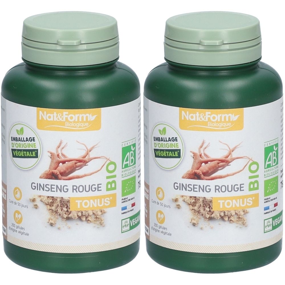 Deux flacons verts avec étiquettes blanches. Inscription "Ginseng Rouge Tonus". Certification "AB BIO".