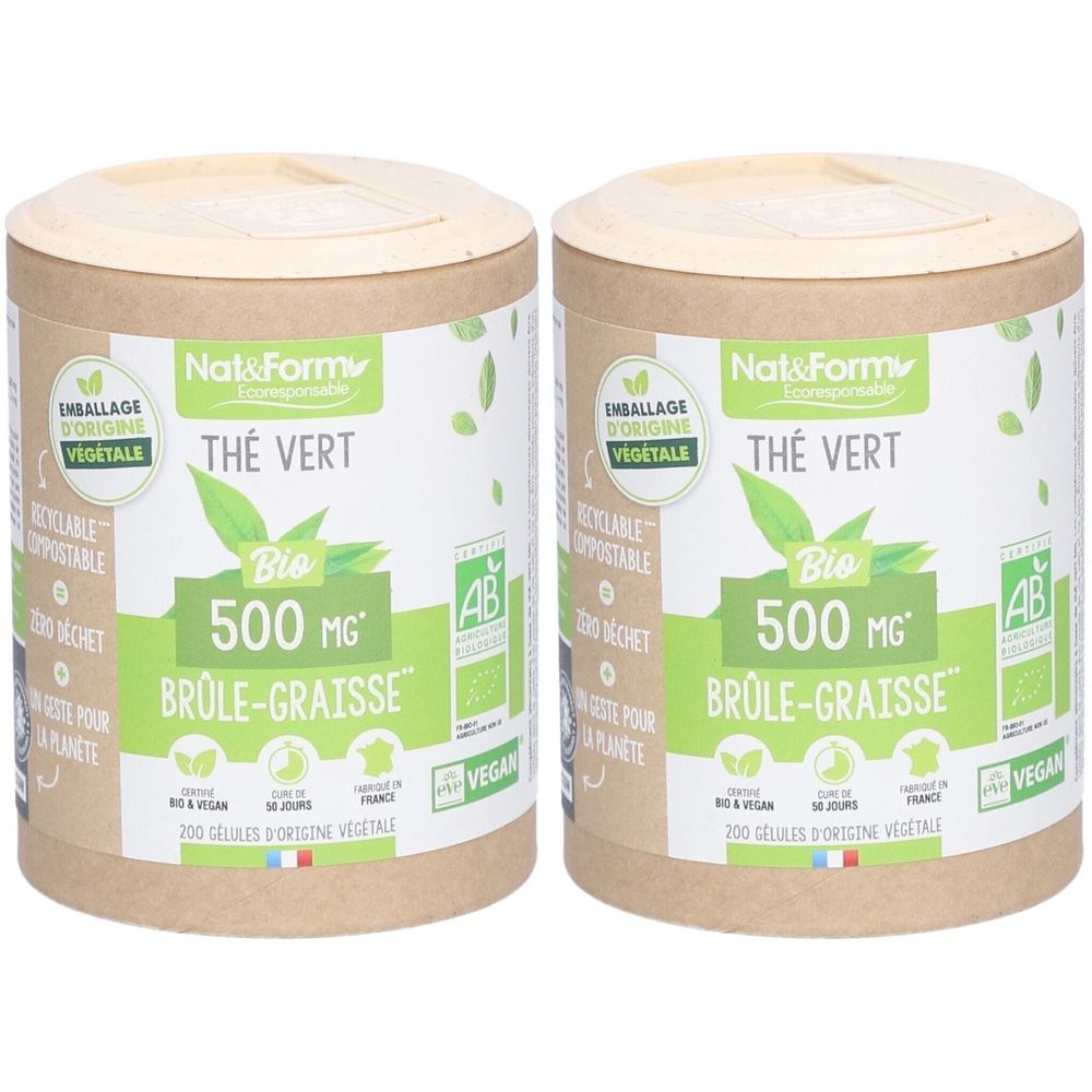 Deux boîtes cylindriques avec étiquette verte. Inscription: Thé Vert, Bio, 500 mg, Brûle-Graisse. Labels AB et Vegan.