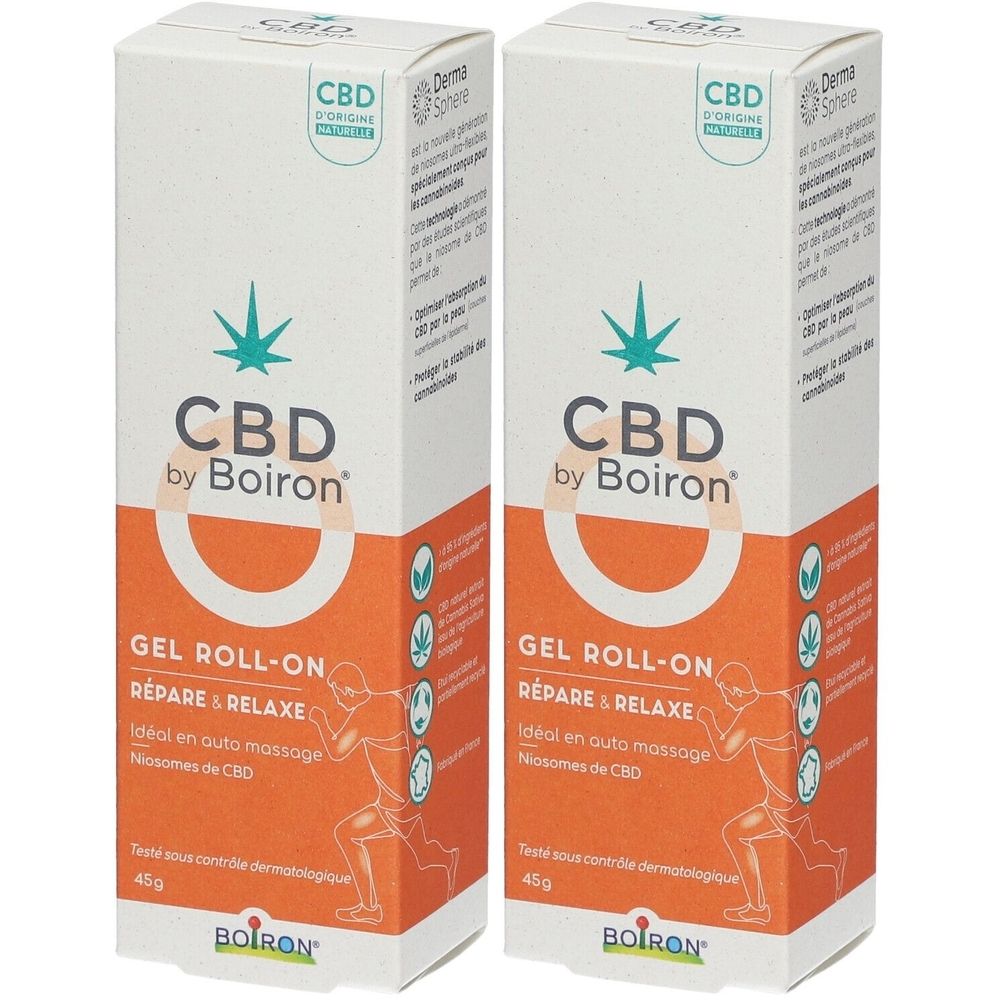 Deux boîtes rectangulaires de gel roll-on CBD. Zone orange avec texte et illustration. Marque : Boiron.