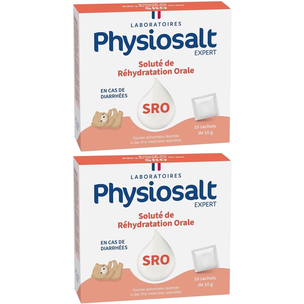 Deux boîtes de Physiosalt Expert. Inscription : Soluté de Réhydratation Orale. Contient 10 sachets. Inscription : En cas de diarrhées.