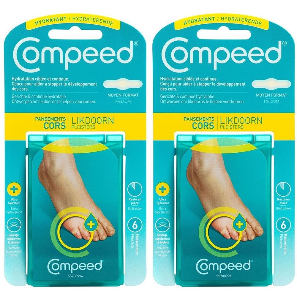 Deux paquets de pansements COMPEED pour cors. Emballage turquoise et jaune avec image de pied. Texte : « CORS », « LIKDOORN » et « MEDIUM ».