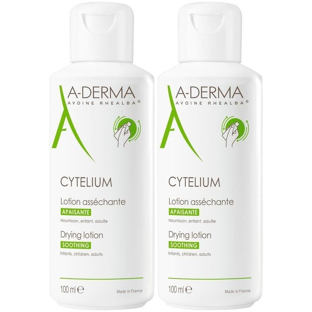 Deux flacons blancs avec bouchon blanc. Inscriptions: A-DERMA, CYTELIUM, Lotion asséchante, Drying lotion. 100 ml.