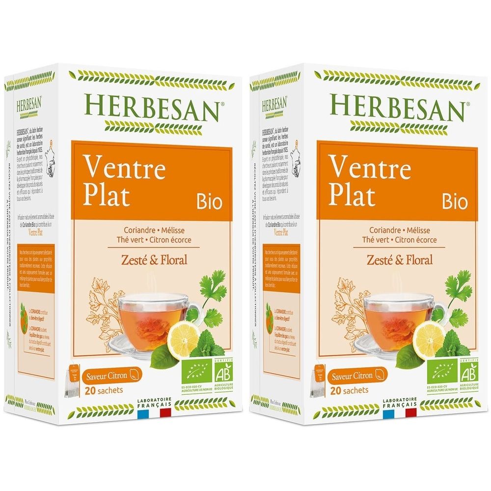 Deux boîtes HERBESAN Ventre Plat Bio. Inscription : Coriandre, Mélisse, Thé vert, Citron écorce, Zesté & Floral. 20 sachets. Label bio.