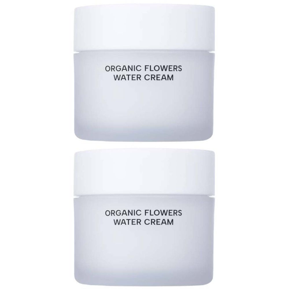 Deux pots blancs avec couvercles. Texte noir: ORGANIC FLOWERS WATER CREAM.