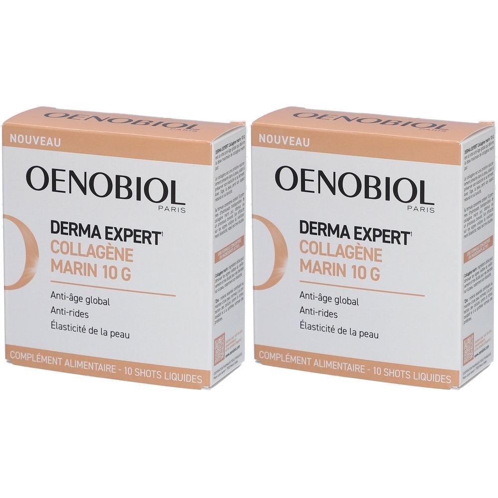 Deux boîtes OENOBIOL Derma Expert Collagène Marin 10 g. Boîtes blanches avec nom du produit et indications anti-âge.