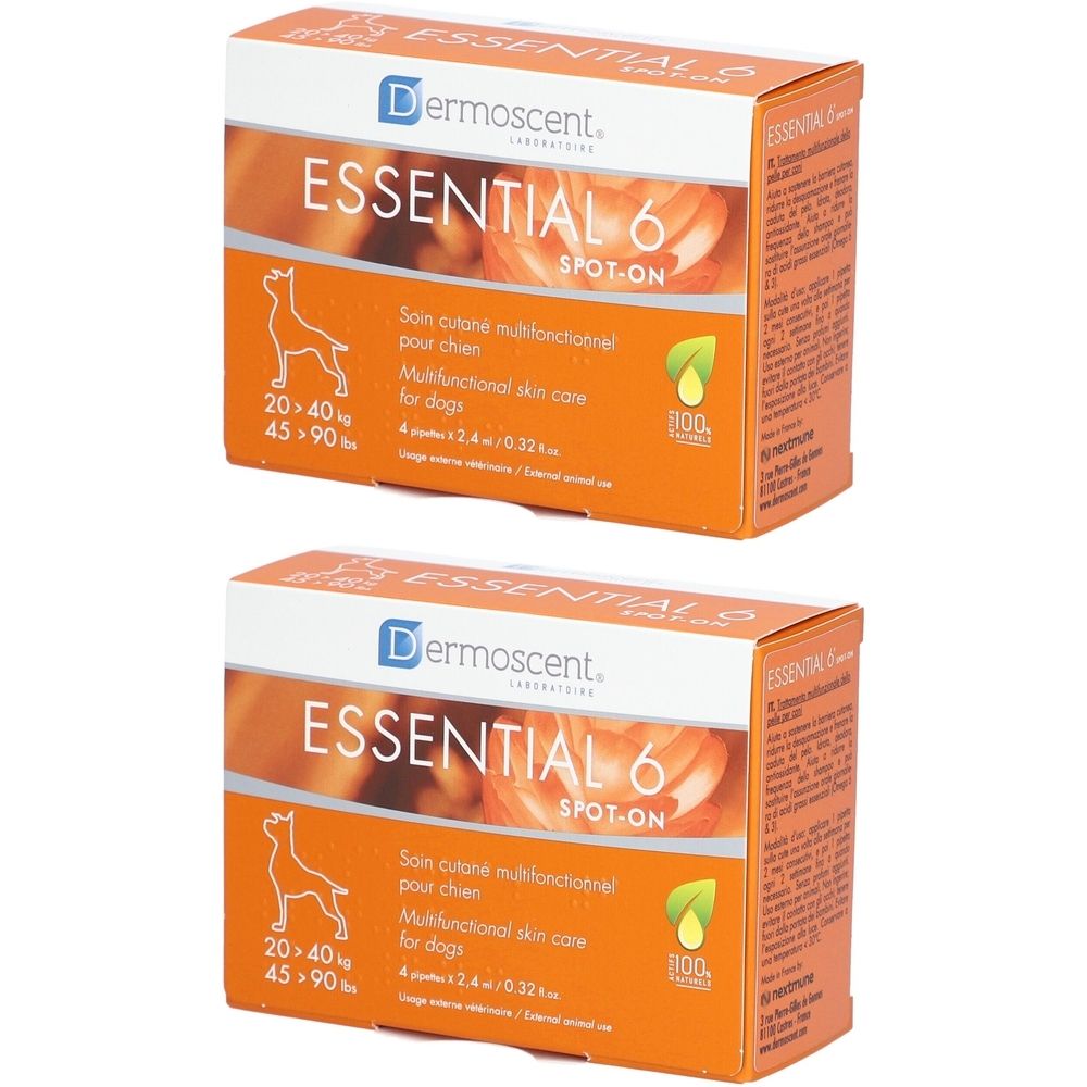 Deux boîtes orange avec texte. ESSENTIAL 6 SPOT-ON, Dermoscent. Soin cutané pour chien. 4 pipettes.