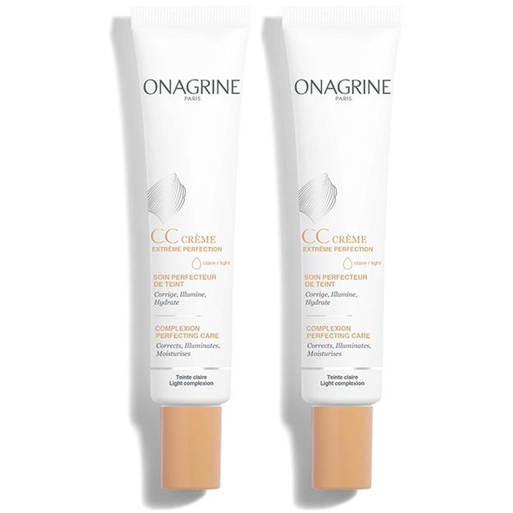 Deux tubes de CC Crème blanche avec le texte ONAGRINE. Inscription : CC Crème, Extreme Perfection, Soin Perfecteur de Teint. Teinte claire.