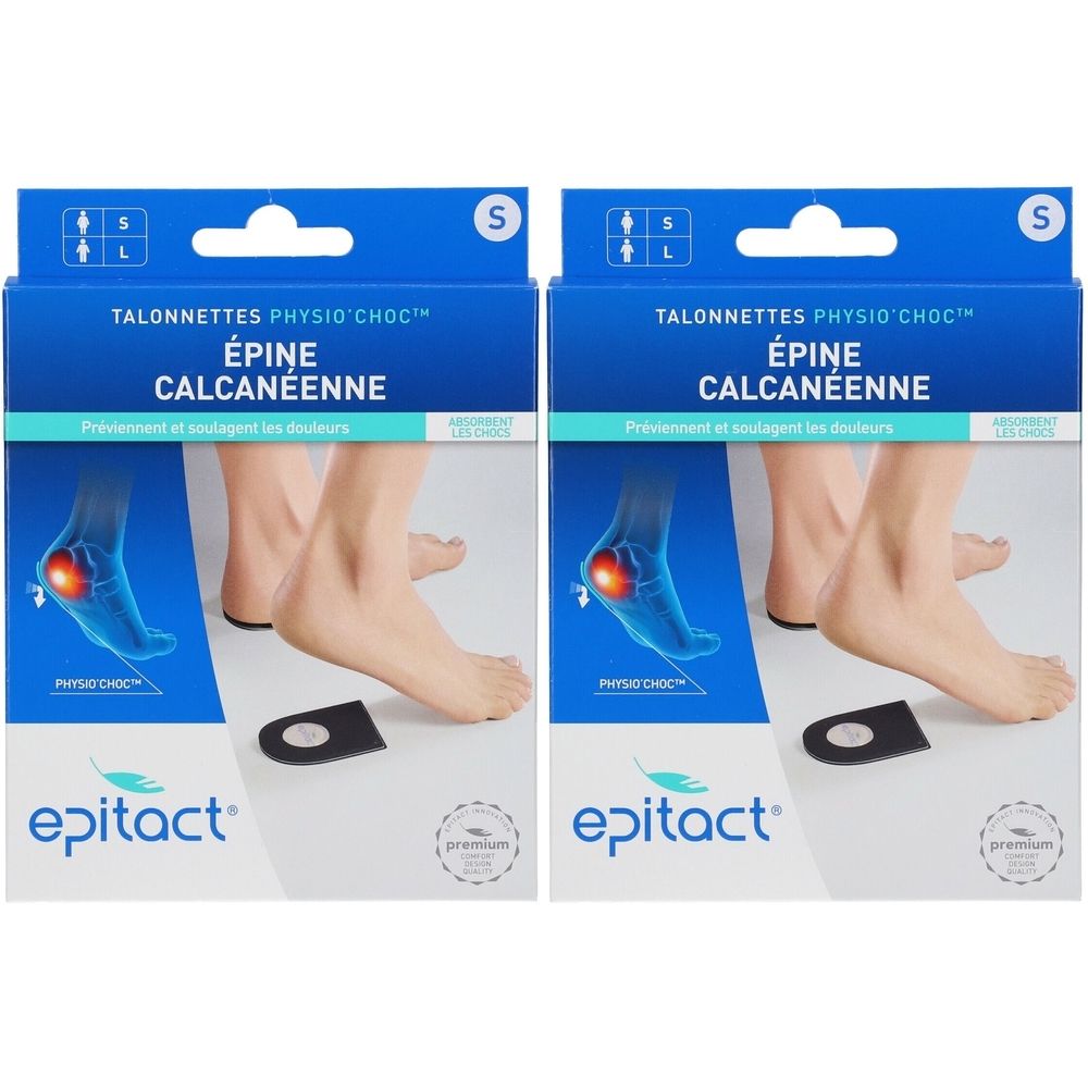 Deux boîtes bleues. Inscription: Talonnettes Physio Choc, Épine Calcanéenne. Illustration d'un pied. Marque Epitact. Taille S. Logo Premium.
