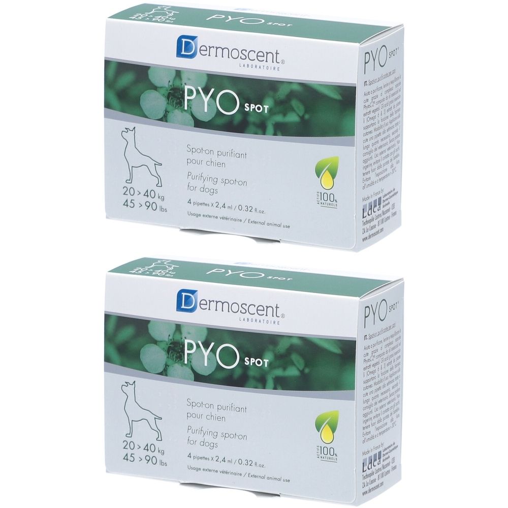 Deux boîtes de PYO Spot. Inscription : Dermoscent, PYO Spot, pour chiens. Contient 4 pipettes spot-on. Image d'un chien et d'une feuille.