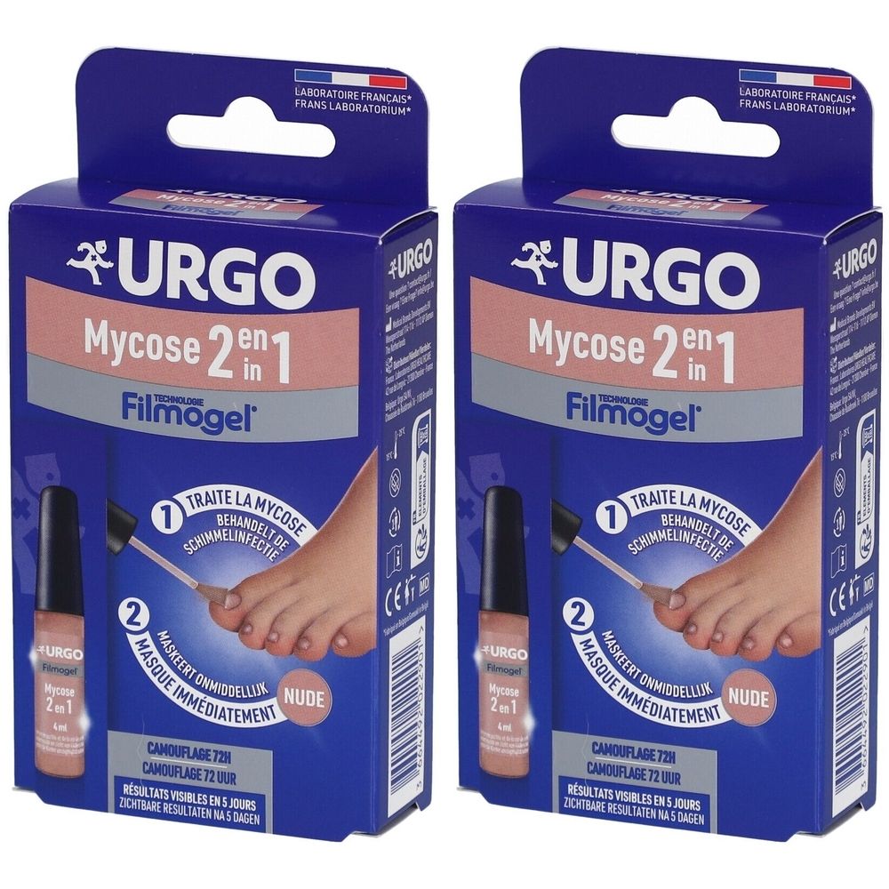 Deux boîtes de URGO Filmogel Mycose 2 en 1. Boîtes bleues avec image du produit et texte. Contient un applicateur.