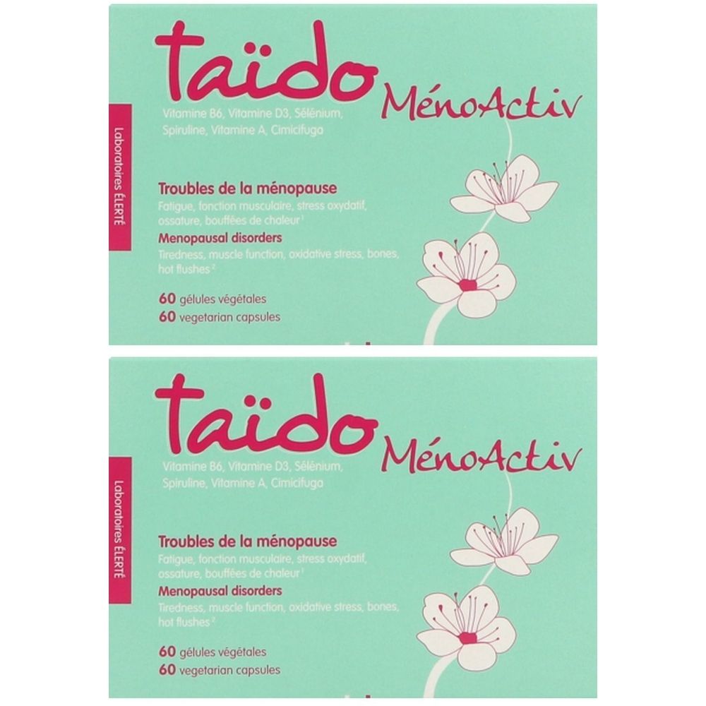 Deux boîtes de "taido MénoActiv". Texte: "Troubles de la ménopause". Contient 60 gélules végétales.