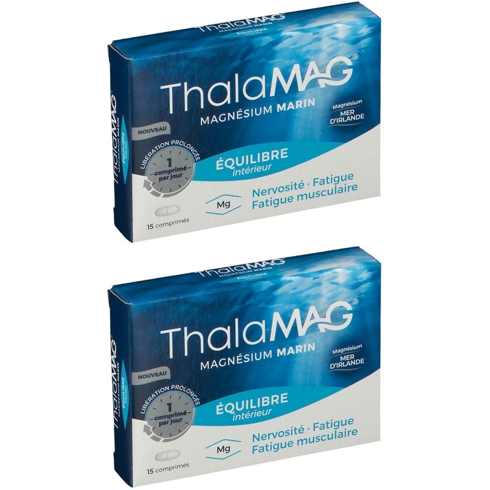 Deux boîtes de ThalaMAG, Magnésium Marin. Emballage bleu avec informations et logo.