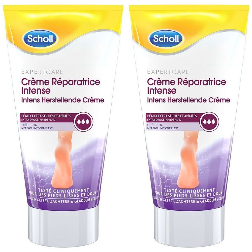 Deux tubes de crème. Inscription: Scholl ExpertCare Crème Réparatrice Intense. Pour peaux sèches et abîmées. Testé cliniquement.