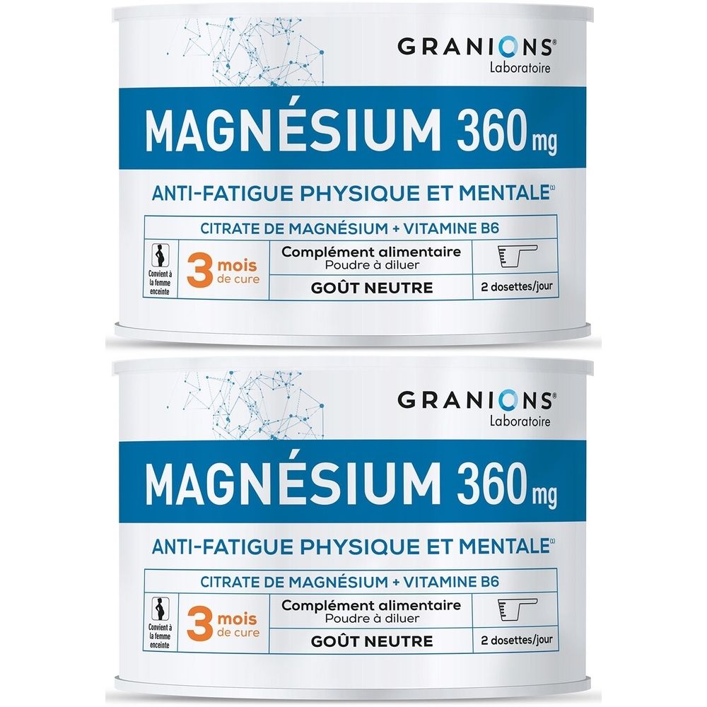 Deux boîtes de GRANIONS Magnésium 360 mg. Emballage bleu et blanc avec informations produit. Contient magnésium et vitamine B6.