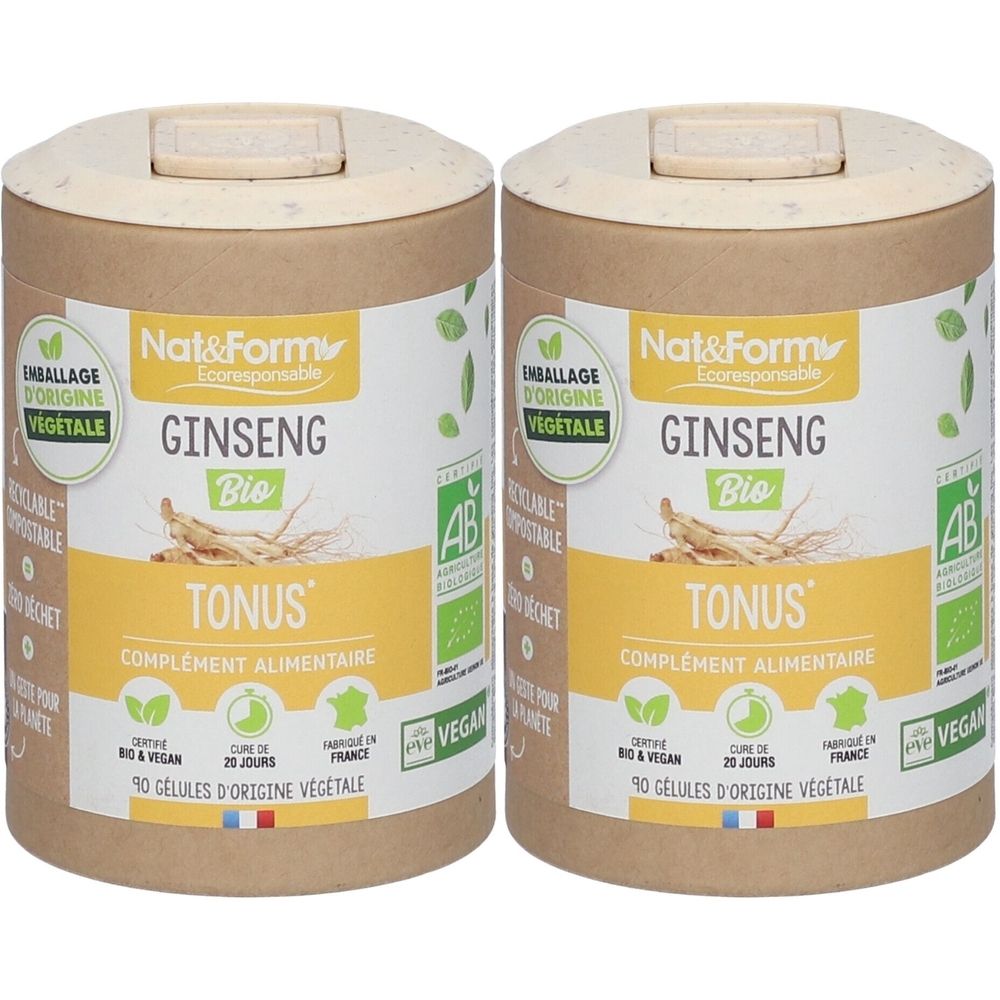Deux boîtes cylindriques avec couvercles. Inscription: Nat&Form Ginseng Bio Tonus. Emballage végétal, vegan, certification AB.