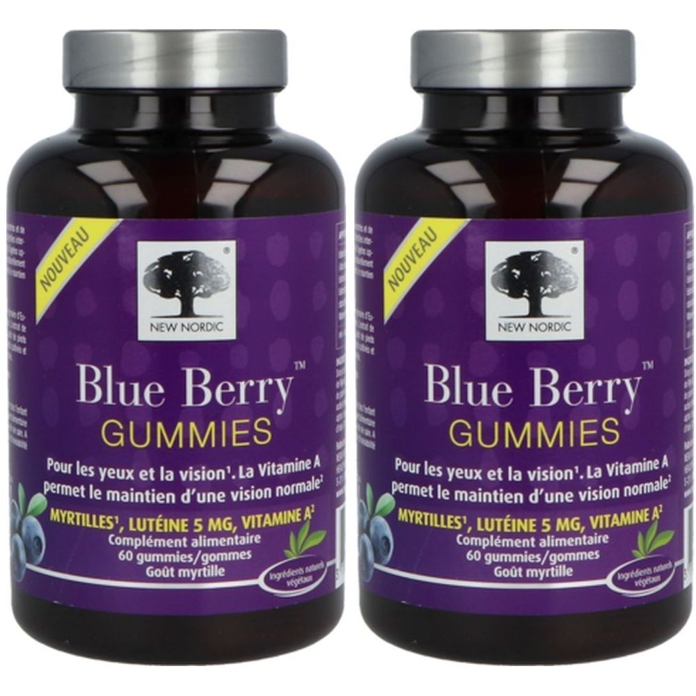 Deux flacons de gummies aux myrtilles. Étiquette violette avec texte blanc. Inscription : New Nordic, Blue Berry Gummies. Avec couvercle en métal.