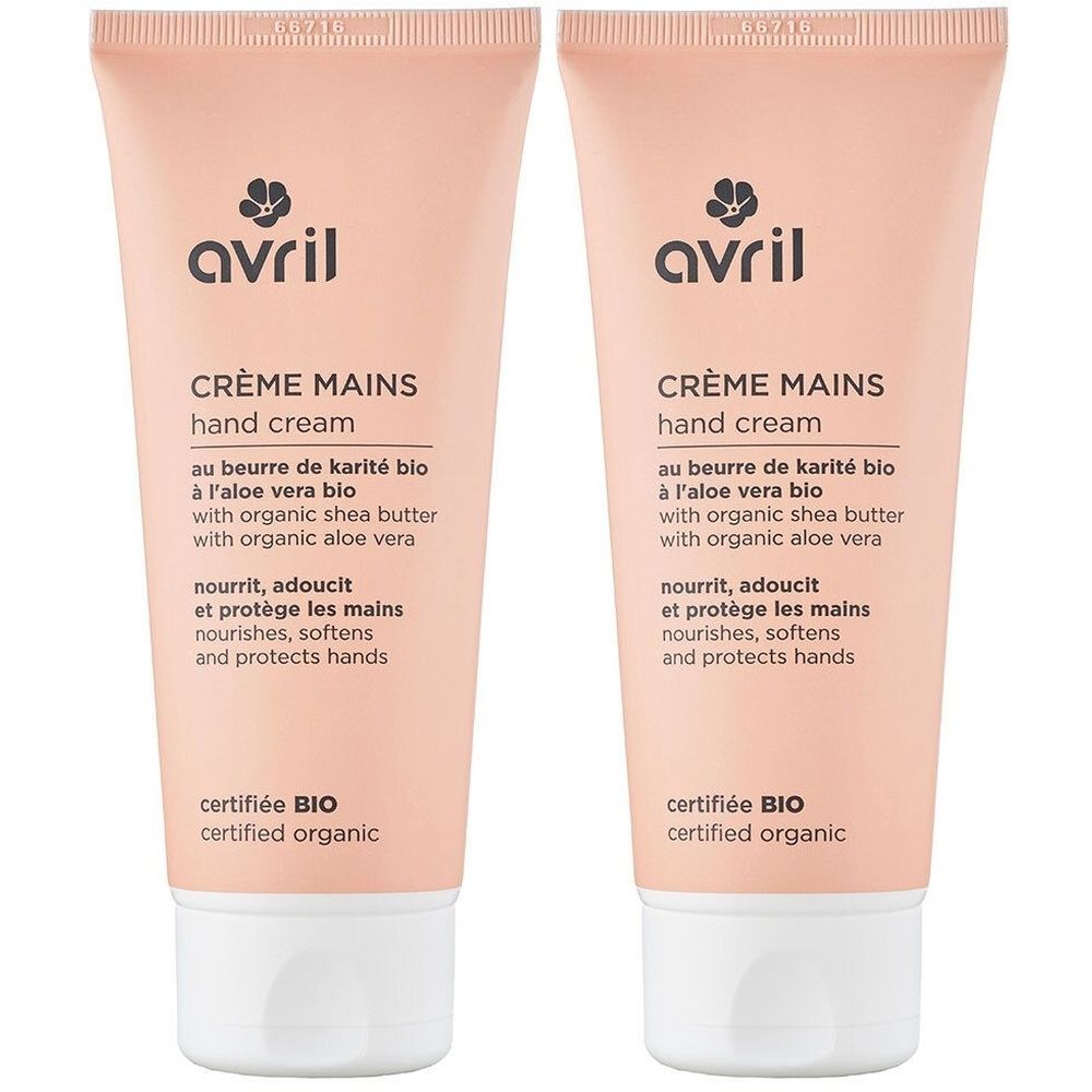 Deux tubes de crème pour les mains. Inscription : avril, Crème Mains, certifié BIO. Tube rose, bouchon blanc.