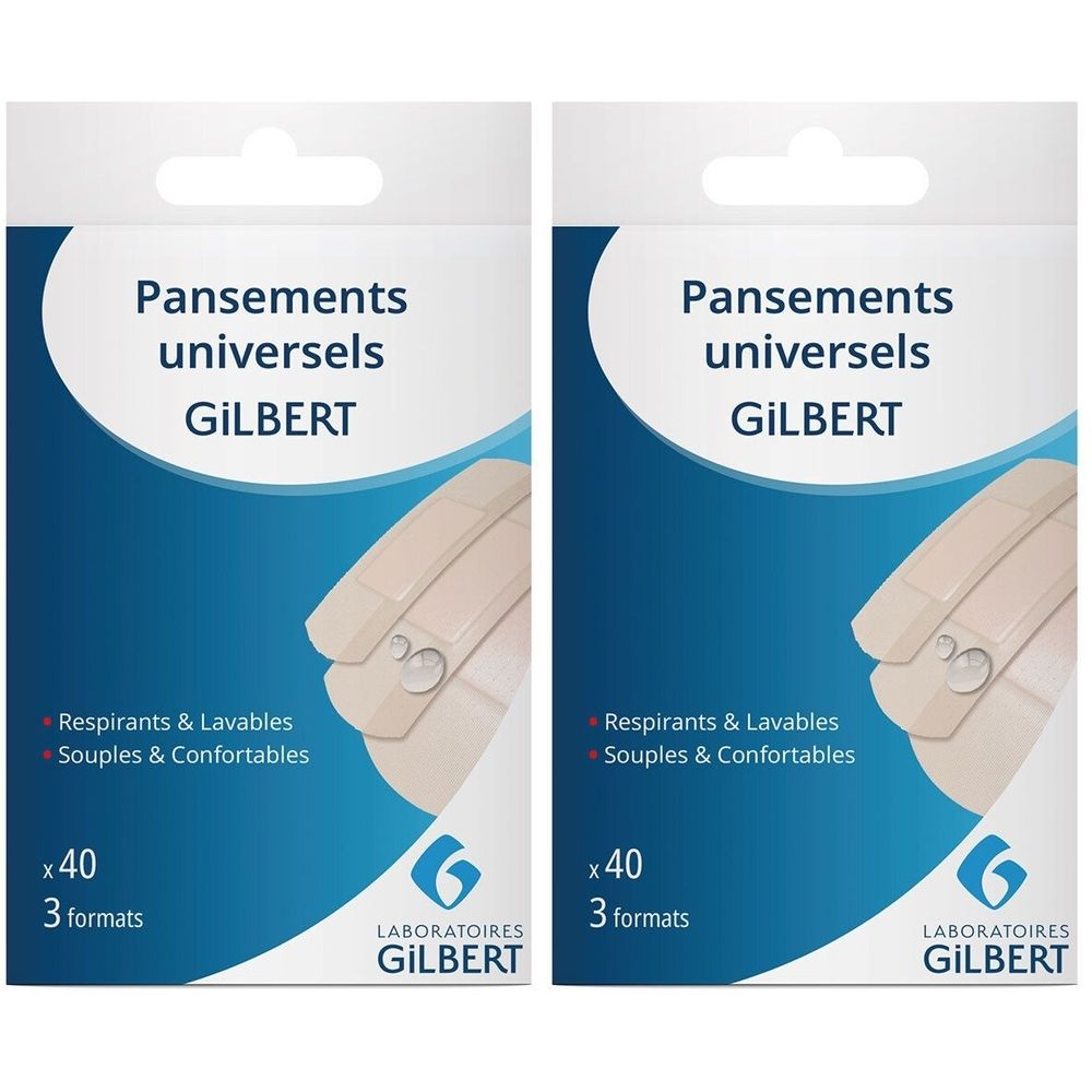 Deux boîtes de pansements GILBERT. Inscription : Pansements universels. 40 unités, 3 formats. Respirants et lavables.