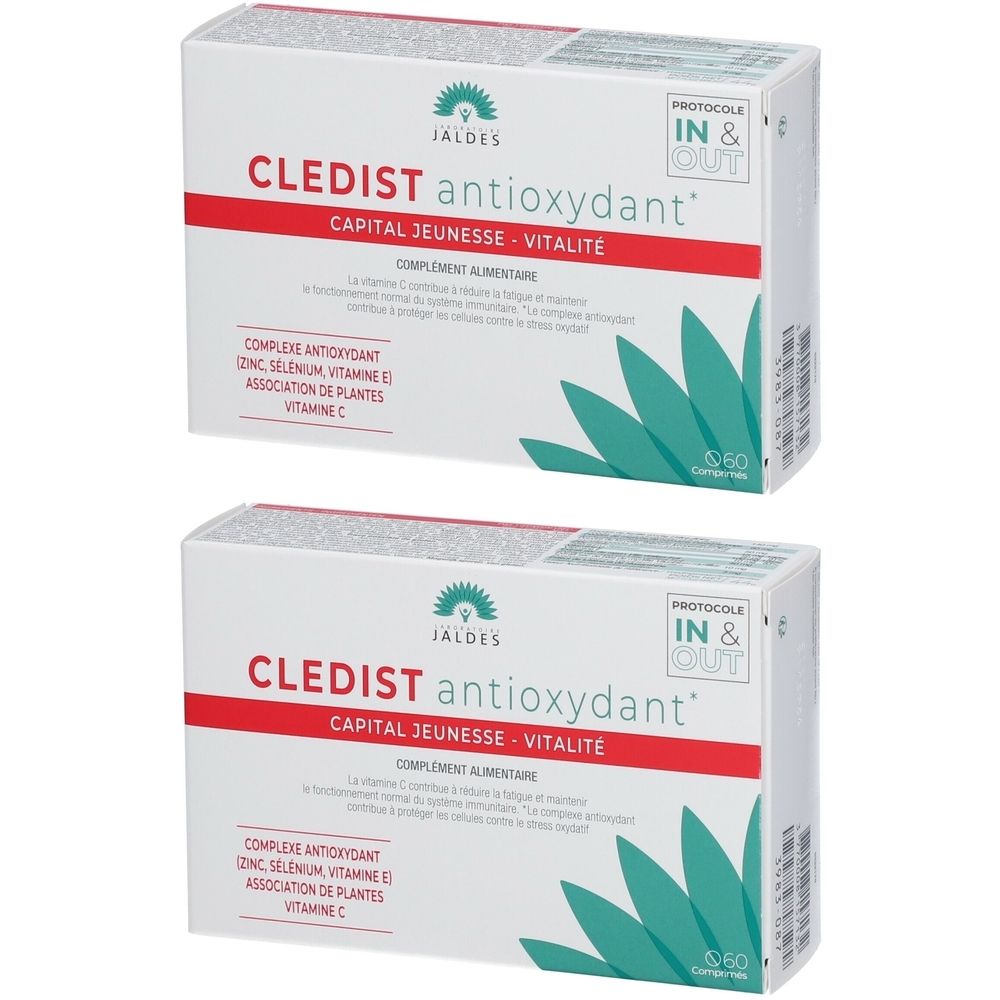 Deux boîtes de CLEDIST antioxydant. Inscription: CAPITAL JEUNESSE - VITALITE. Complexe antioxydant, zinc, sélénium, vitamine E, plantes.