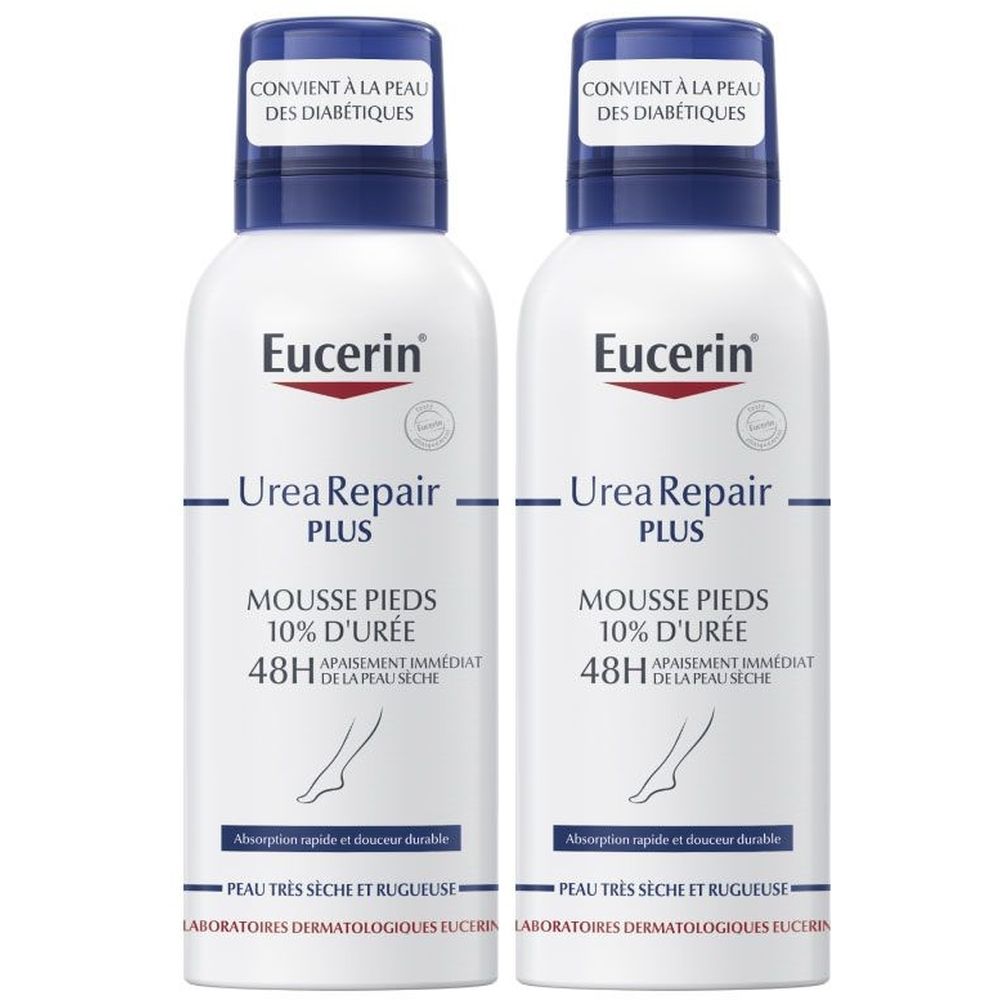 Deux flacons pulvérisateurs blancs. Inscription : Eucerin Urea Repair Plus, Mousse Pieds 10% Urée. Pour peaux sèches et rugueuses.