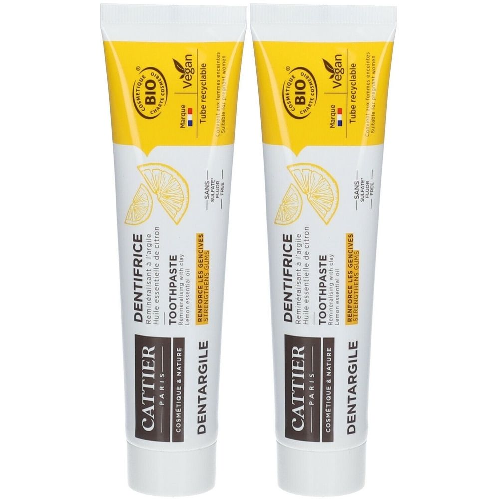 Deux tubes de dentifrice. Design jaune et blanc. Inscriptions : "DENTARGILE", "DENTIFRICE", "BIO", "Vegan".