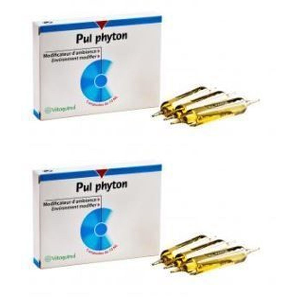 Deux boîtes "Pul phyton" et ampoules. Emballage blanc et bleu avec logo. Plusieurs ampoules dorées sont visibles à côté des boîtes.