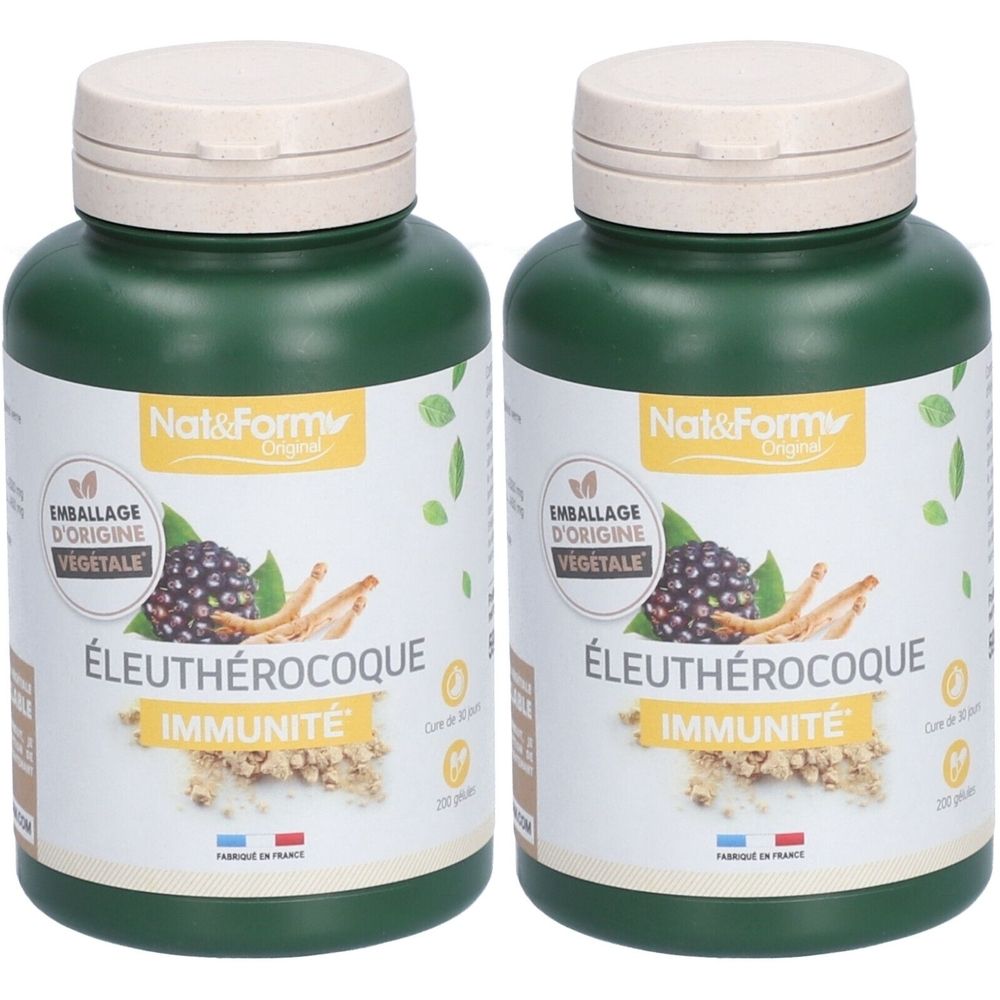 Deux flacons verts avec couvercles beiges. Étiquettes : "Nat&Form Original Éleuthérocoque Immunité". Drapeau français.