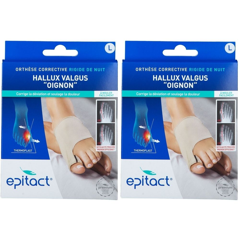 Deux boîtes d'orthèse de nuit Epitact Hallux Valgus. Emballage bleu avec image du produit et radiographies. Texte : "Hallux Valgus Oignon".