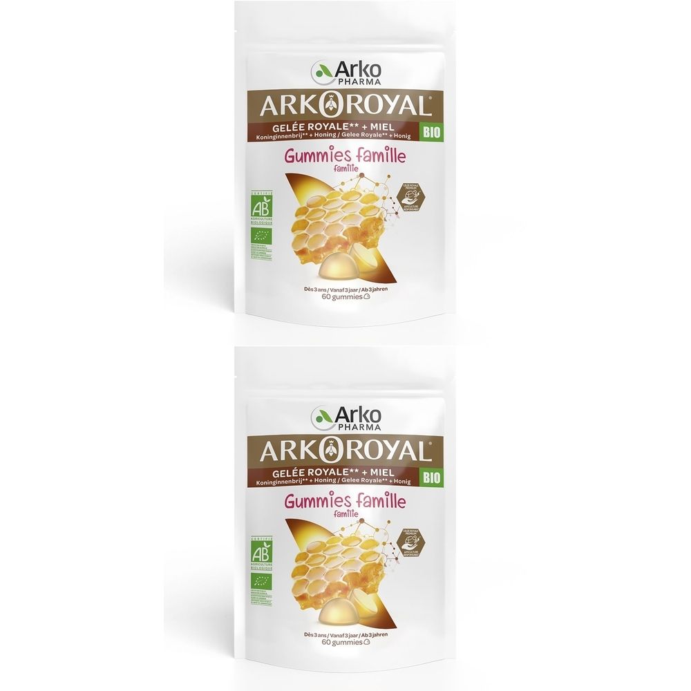 Deux sachets de ARKOROYAL GUMMIES FAMILLE BIO. Inscription : Gelée Royale + Miel, Gummies famille. Label bio.
