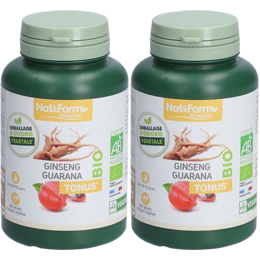 Deux flacons verts avec étiquette blanche. Inscription : Ginseng Guarana Tonus, Bio, certification AB. Bouchons vert clair. Marque : Nat&Form.