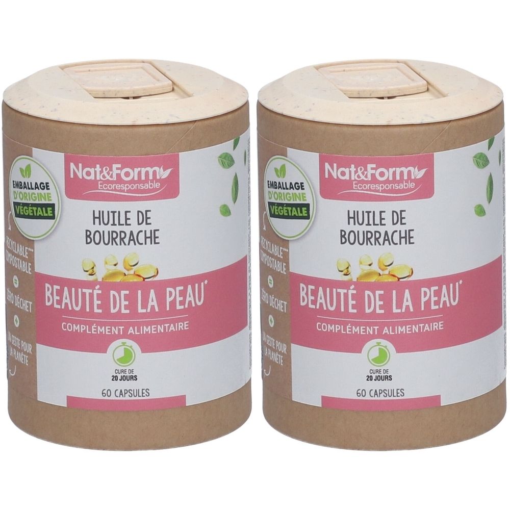 Deux boîtes cylindriques avec couvercles. Inscription : "HUILE DE BOURRACHE BEAUTÉ DE LA PEAU COMPLÉMENT ALIMENTAIRE". 60 capsules. Marque Nat&Form.